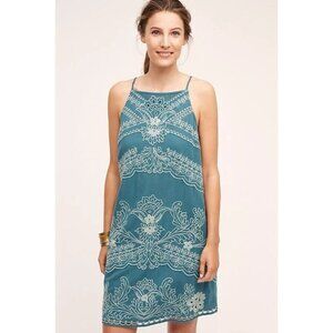 Anthropologie Floreat Boho Embroidered Sleeveless Swing Mini Dress Blue Green 6